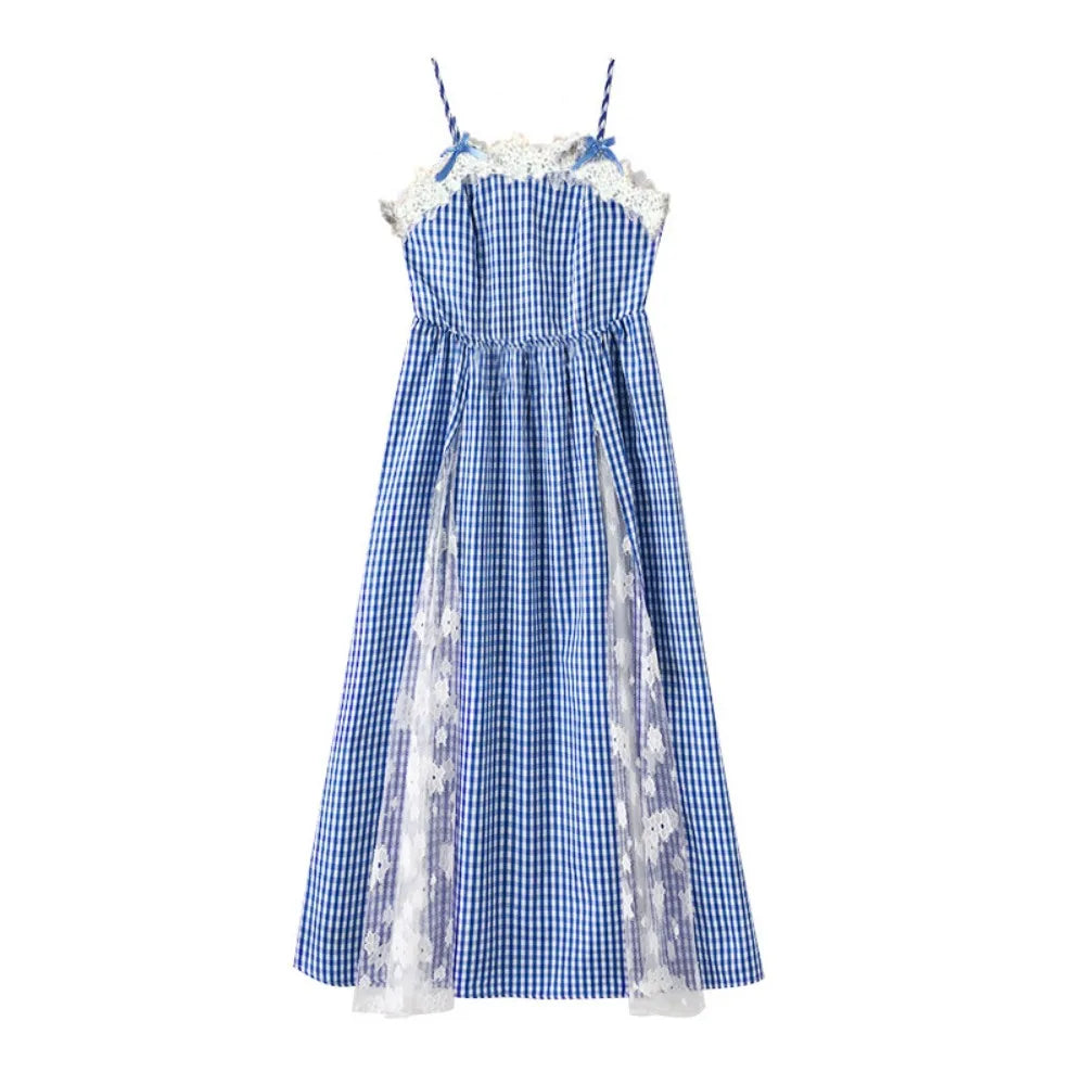Fashion Plaid Girl Princess Dress Loose Lace Mesh Teens Sling Dress Sweet Skirt Children Sleeveless Dresses Summer