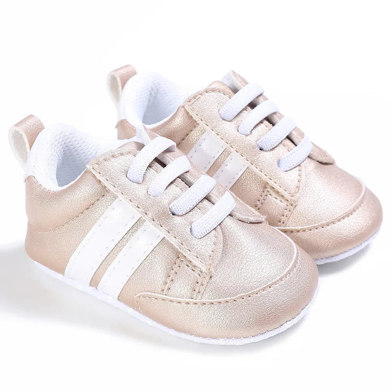 Newborn Baby Boys Shoes for 1 Year Footwear with Striped Infant Casual PU Leather Toddler Soft Sole Girls Sneakers First Walkers