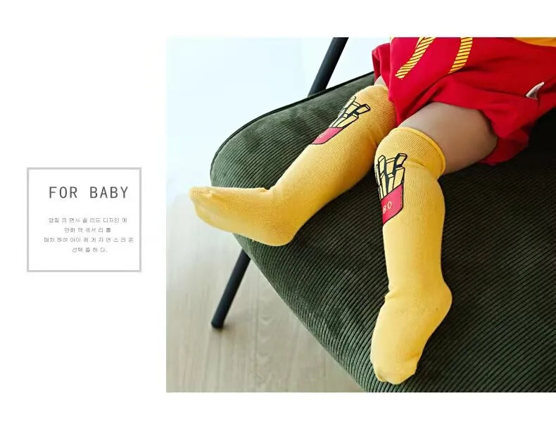 Ins Infant Newborn  Baby Long Socks 0-3T Girls Boys Rolled Mid-Calf Socks French Fries Climbing Cotton Socks Match for Romper
