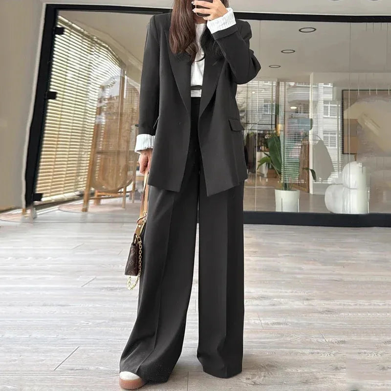 2025 New Women's Suit Long-sleeved Loose Jacket Wide-leg Pants Two-piece Set