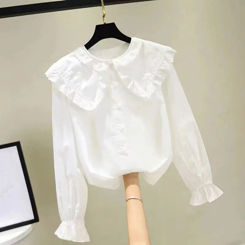 Girls' Spring Autumn Blouse New Korean Style Fashionable Long Sleeve White Shirt Children's Lace Peter Pan Collar Bottoming Shir