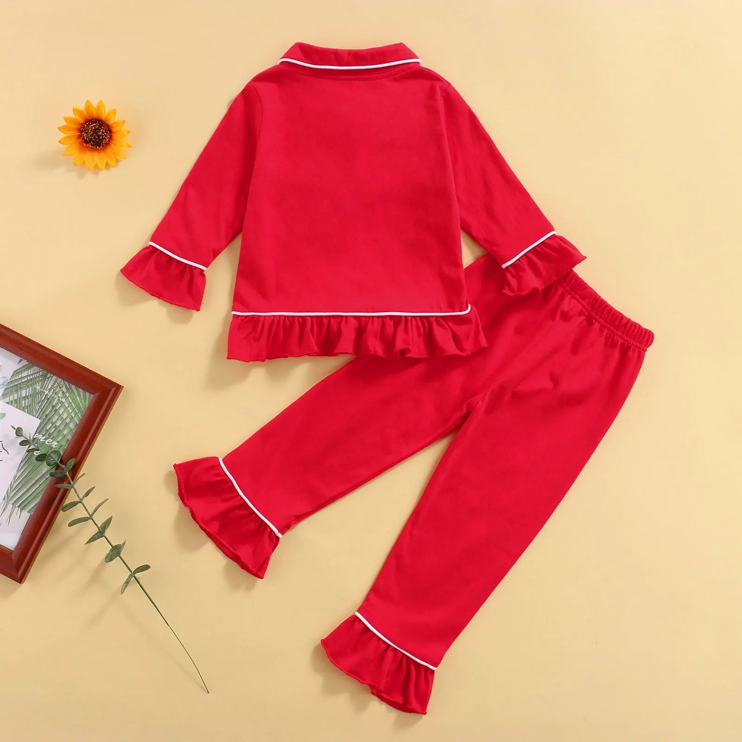 Baby Girls Pyjama Sets Cotton Long Sleeve Lapel Ruffle Hem Buttons Red Tops Pants Suit 2pcs Pjs for Toddler Girls Clothes