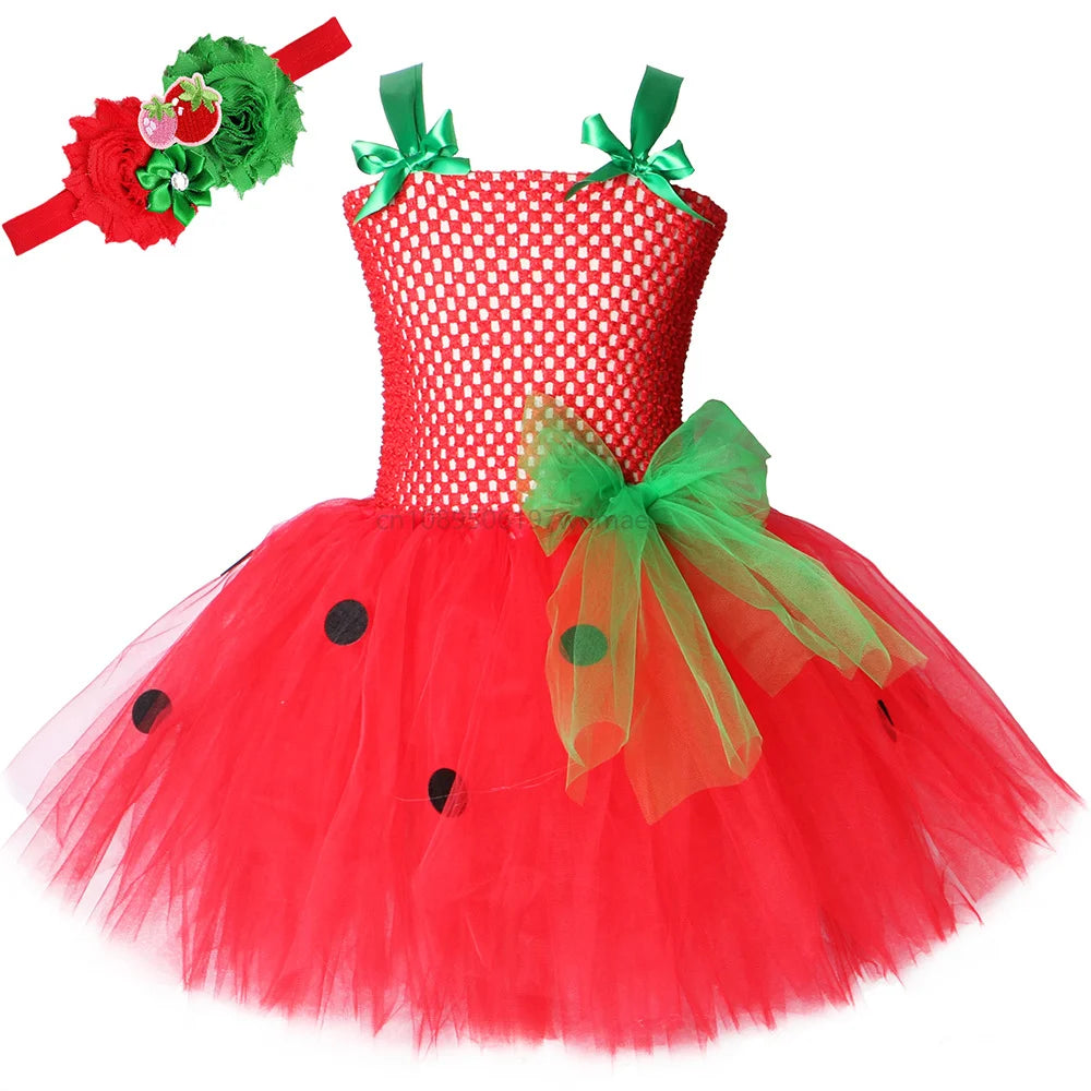 Red Green Dresses for Girls Princess Tutu Dress with Flowers Headband Toddler Children Cosplay Costume for Birthday Party