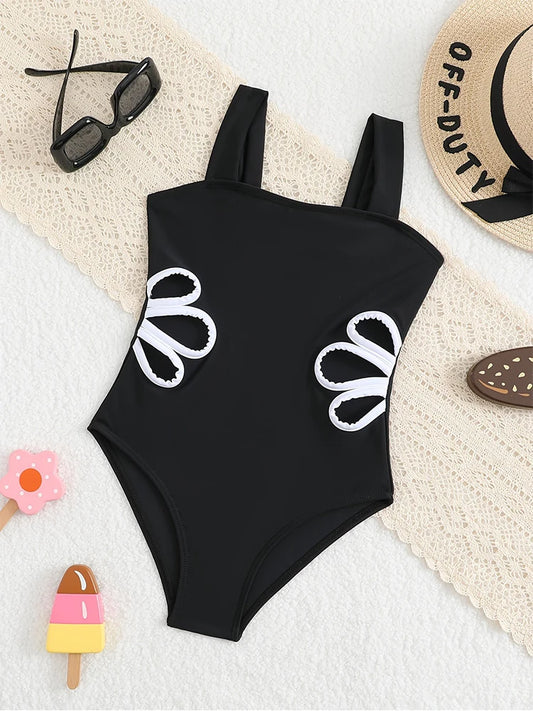 New Girls' Swimwear Girls' One-Piece Swimsuit with Hollow Design Wide Straps Suitable for Older Youngsters on The Beach 8-12Year