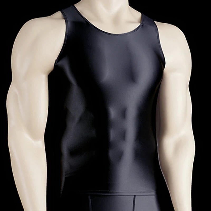 Men Thin Fitness vest Tights suit Slim Bottoms Satin Glossy Leggings Streetwear Athletic Shorts Quick-drying Compression Pants