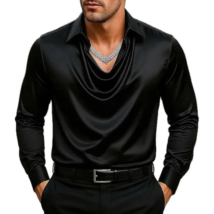 Casual Men Satin Silky Dress Shirts Long Sleeve Social Single Breasted Turn-Down Collar Shirts Wedding Party Men clothes