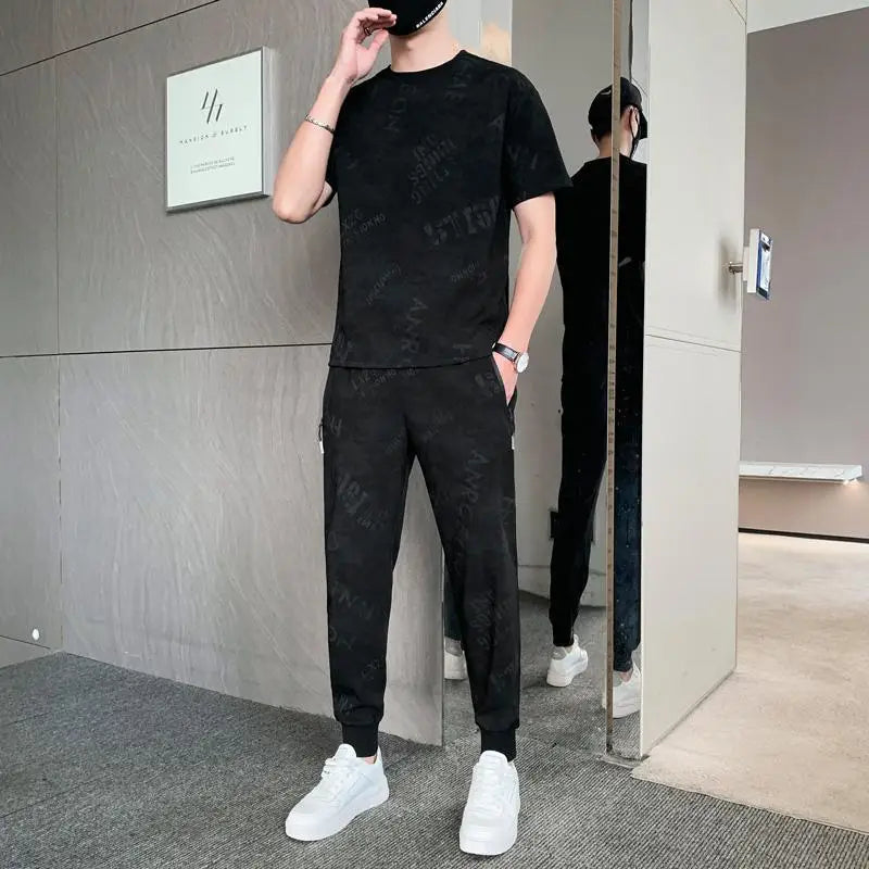 Male T Shirt Pants Sets Jogging Sports Suits Cheap Basic Tracksuit Print Smooth Top 5xl Regular Fit Graphic S Xl Clothes for Men
