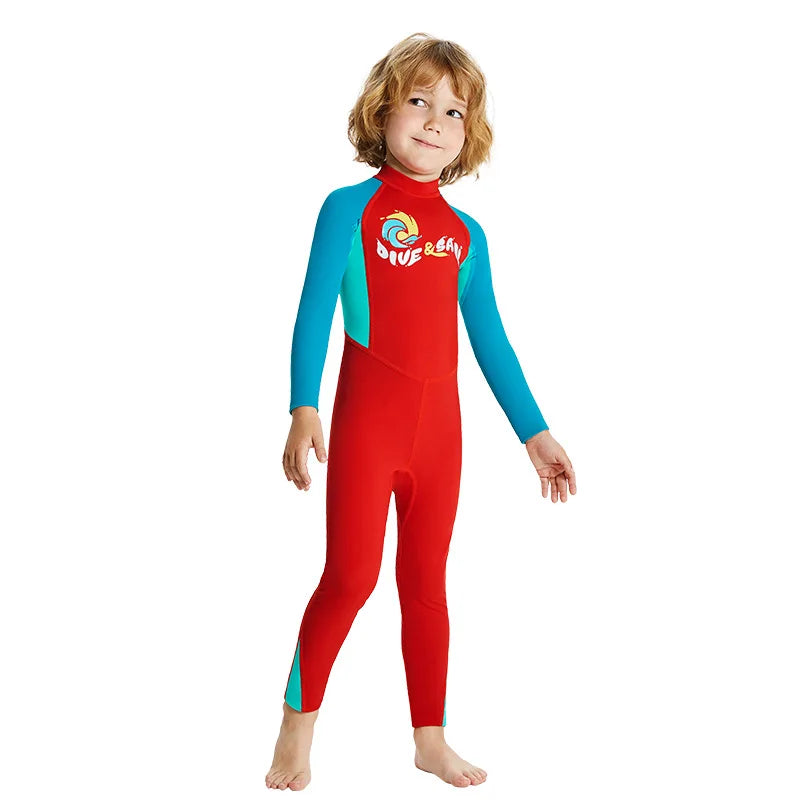Boys Girls One-Piece Swimsuits Swimwear Long Sleeve Wetsuits Bathing Suit Beachwear Sun Protection(Including Swimming Cap)