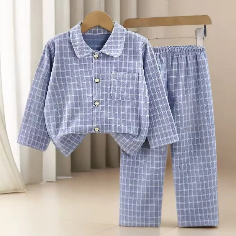 Boys and Girls children's Pajama Set autumn winter Korean Style Plaid Cardigan Lapel long-sleeved PJs Set Loungewear Two-piece