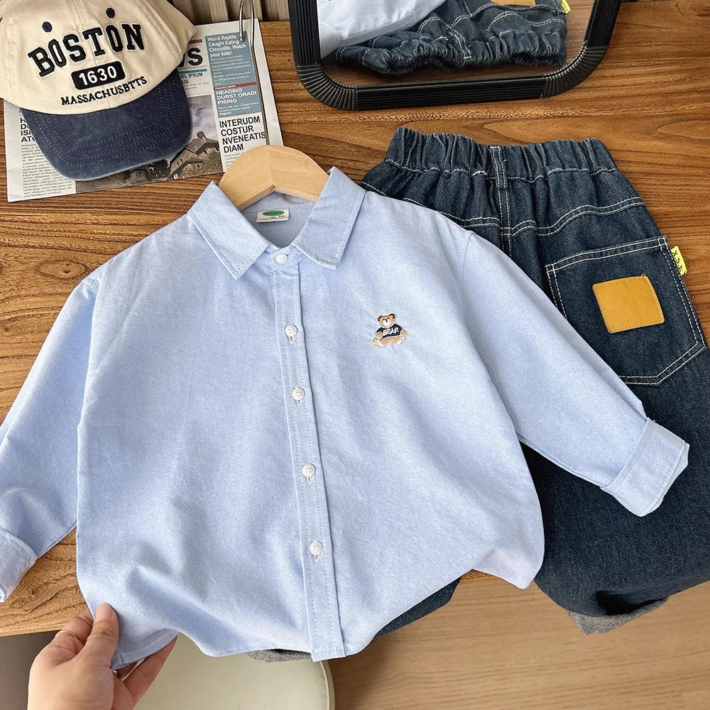 Children's Shirt Boys' Striped Shirt Spring  Autumn 2025 Cute Bear Embroidery Children's Casual Cartoon Top Baby Blue Shirt
