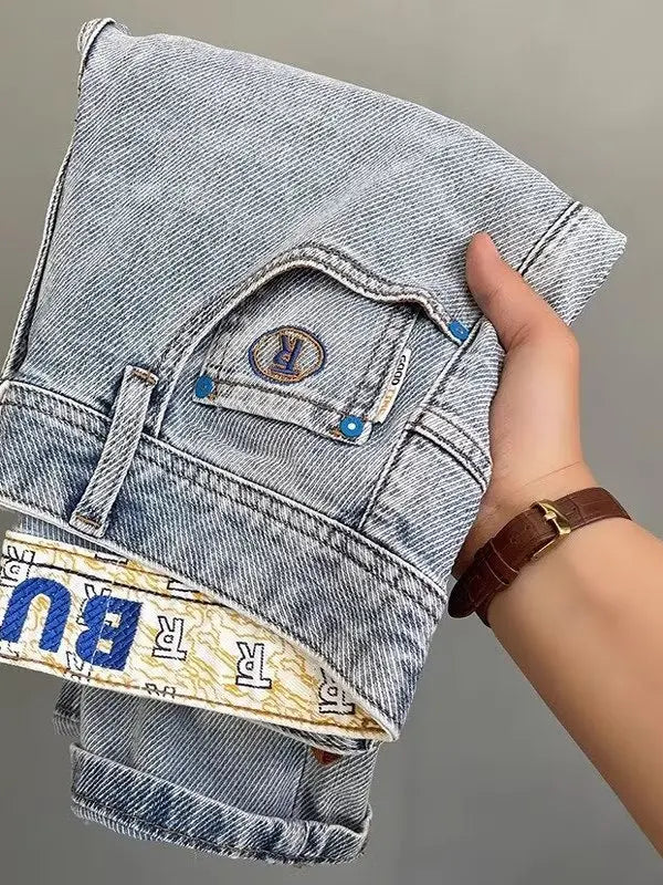 Light Blue Embroidered Jeans Men's Summer Slim Fit Nine-Piece Washed Vintage High-End Casual Pants Breathable Straight Leg Jeans