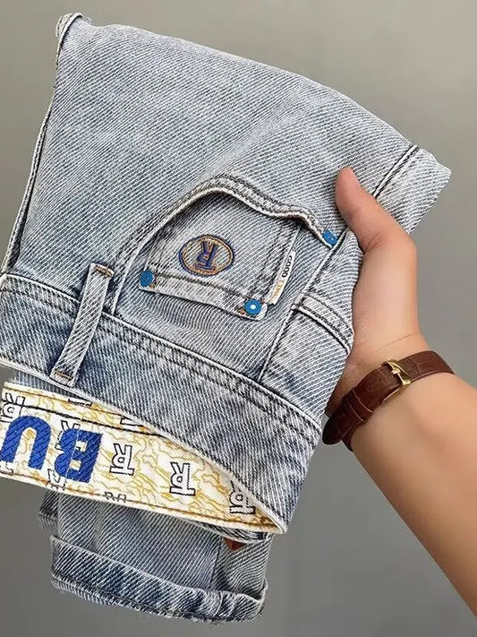 Light Blue Embroidered Jeans Men's Summer Slim Fit Nine-Piece Washed Vintage High-End Casual Pants Breathable Straight Leg Jeans