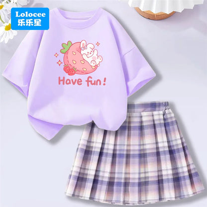 Girls' Trendy School Outfit - Cartoon Music Guitar Rabbit Print Tee + Plaid Skirt Two-Piece Set Teenage Girls Clothes Set