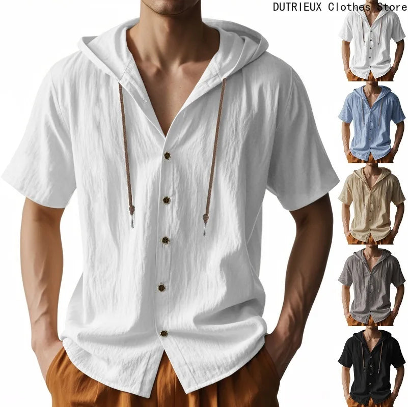 Men Summer Hooded Shirt Casual Solid Color Button Down Short Sleeve Hoodies Tops for Beach Vacation Streetwear Mens Linen Shirt.