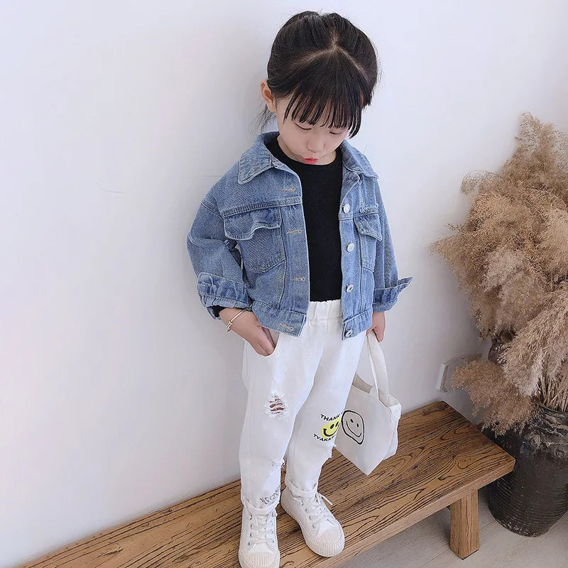 2025 Spring Autumn Girls Lovely Comfortable Retro Flowers Jeans Coats Children Personality Fashion Turn-down Collar Denim Jacket