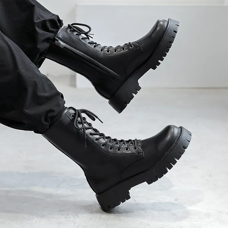 Men's Motorcycle Boots Fashion Casual Boots Men's  High Top Leather Boots Fashion Thick Soled Non Slip Outdoor Boots
