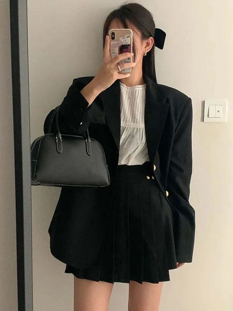 Women Clothes Outfit Suits Casual Single Breasted Loose Coat Blazer Suit And High Waist Pleated Mini Short Skirt 2 Piece Set New