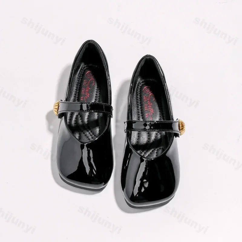 2025 Girl's Leather Shoes Square Toe Elegant Shallow Kids Mary Janes Flat Sole Comfy Children Single Shoes Girls Princess Shoes
