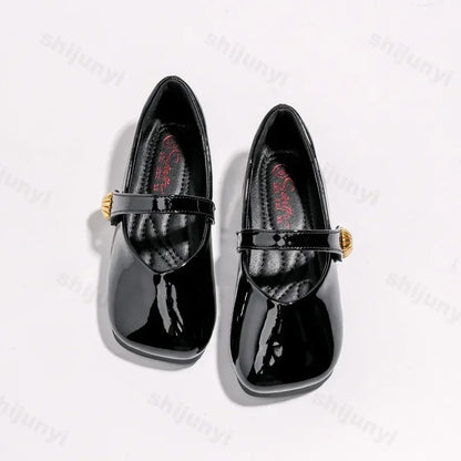 2025 Girl's Leather Shoes Square Toe Elegant Shallow Kids Mary Janes Flat Sole Comfy Children Single Shoes Girls Princess Shoes