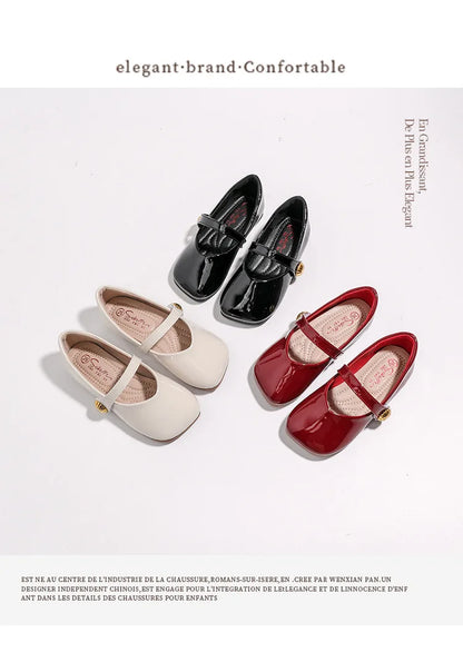 2025 Girl's Leather Shoes Square Toe Elegant Shallow Kids Mary Janes Flat Sole Comfy Children Single Shoes Girls Princess Shoes