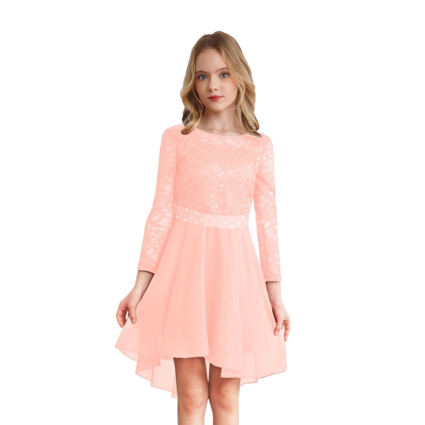 Teen Girls Elegant Scoop Neck Floral Lace Formal Wedding Party Dress Flower Girls Long Sleeve High-Low Chiffon Bridesmaid Dress