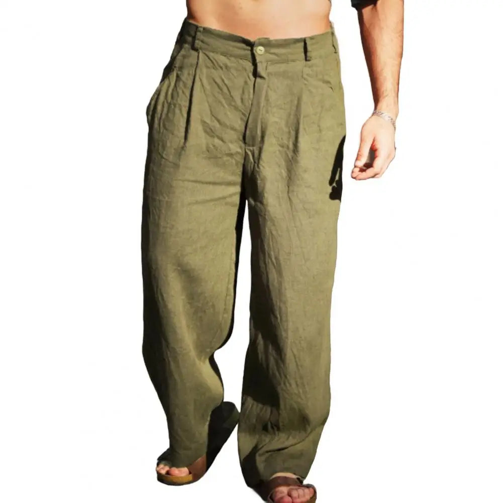 Men Cotton Linen Slacks Solid Color Loose Casual Trousers Breathable Summer Yoga Pants Pleated Jogger For Beach Vacation Fishing