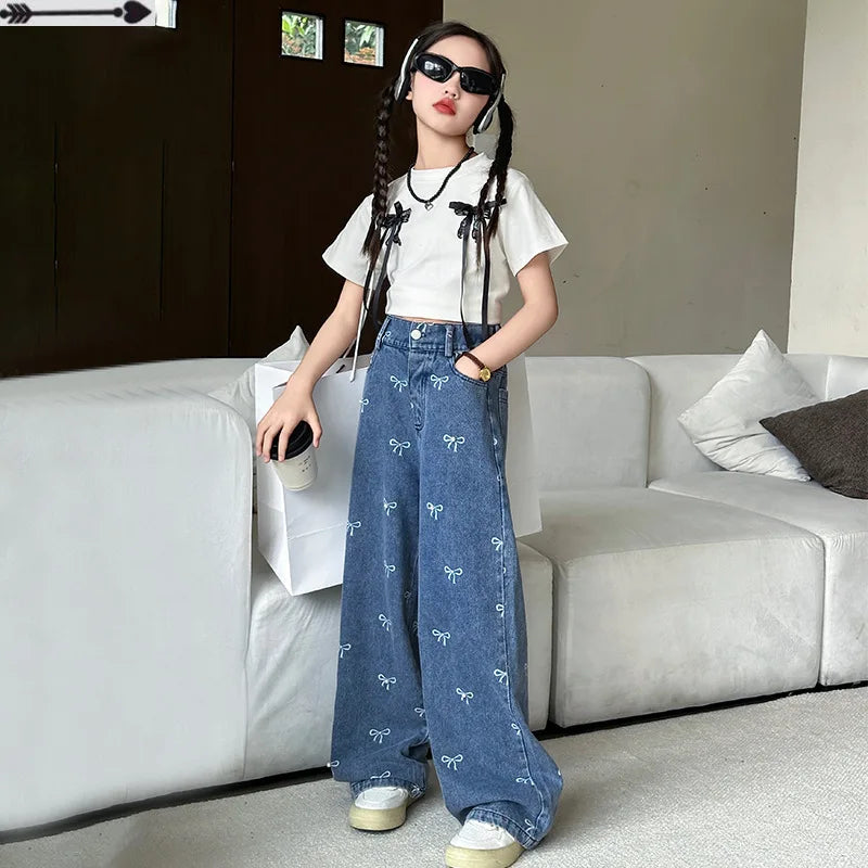 New Summer Girls Casual Style Jeans For Teenage Clothes Bow Print Denim Wide Leg Pants Spring Big Kids Straight Trousers 5-16Y