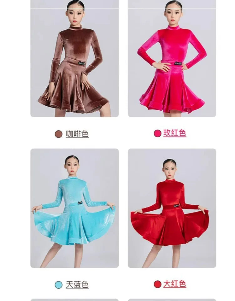 Girls' Latin Dance Dress Autumn/Winter Long Sleeve Professional Practice Dress Velvet Split Set Dance Performance Dress