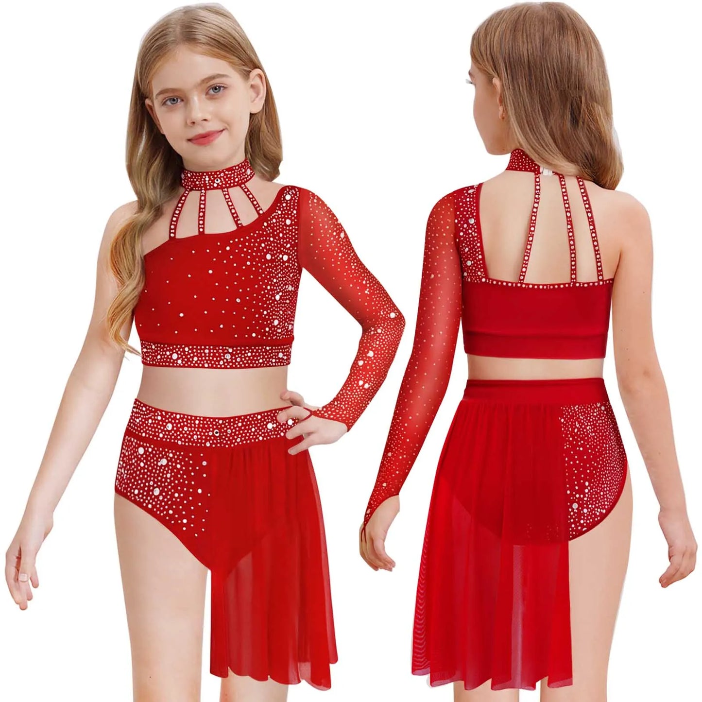 Girls Lyrical Dance Outfit One Shoulder Rhinestone Crop Top with Skirts Modern Contemporary Ballet Gymnastics Skating Dancewear