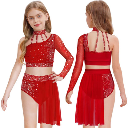 Girls Lyrical Dance Outfit One Shoulder Rhinestone Crop Top with Skirts Modern Contemporary Ballet Gymnastics Skating Dancewear
