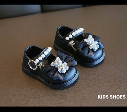 Baby Girls Walking Shoes with Big Bow Bear Children Princess Shoes Soft Sole Round Toe 2025 New Fashion Kids Flat Shoes Non-slip