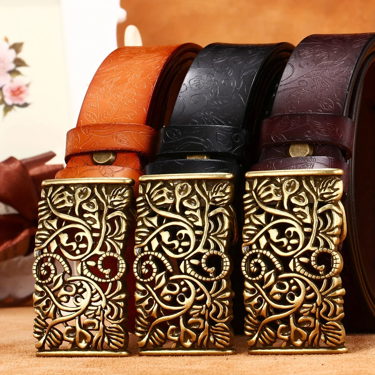 Vintage Flora Women Belts Cowhide Leather Belt Waistband with Sculpture Alloy Buckle for Dresses Skirts and Jeans