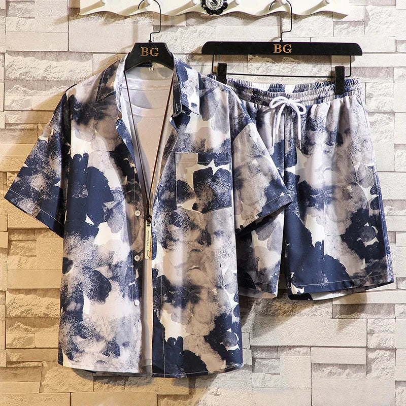 2-piece Fashionable Beach Men's Casual Printed Short Sleeved Shirt Summer Outfit New Shorts Set