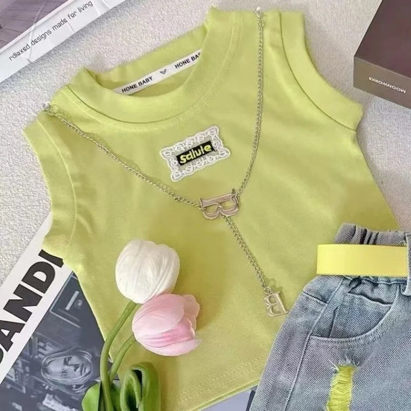 Girls' Denim Shorts Suit Summer 2025 New Kids Outfits Korean Version Little Girls' Fashionable Shorts T-shirtTwo-piece Set 2-10T