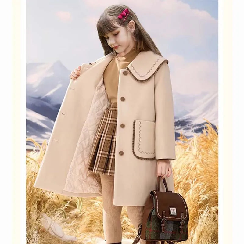 Winter Beige Thick Long Jackets Little Kid's Girls Coat Breasted Woolen Overcoat Cotton Trench Jackets Teenage Girl Coat 2-16Y