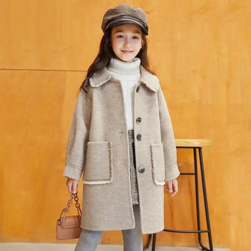 5 to 12 years old girls woolen coat 2024 autumn and winter new style thickened coat, medium long fashion baby girls outerwear