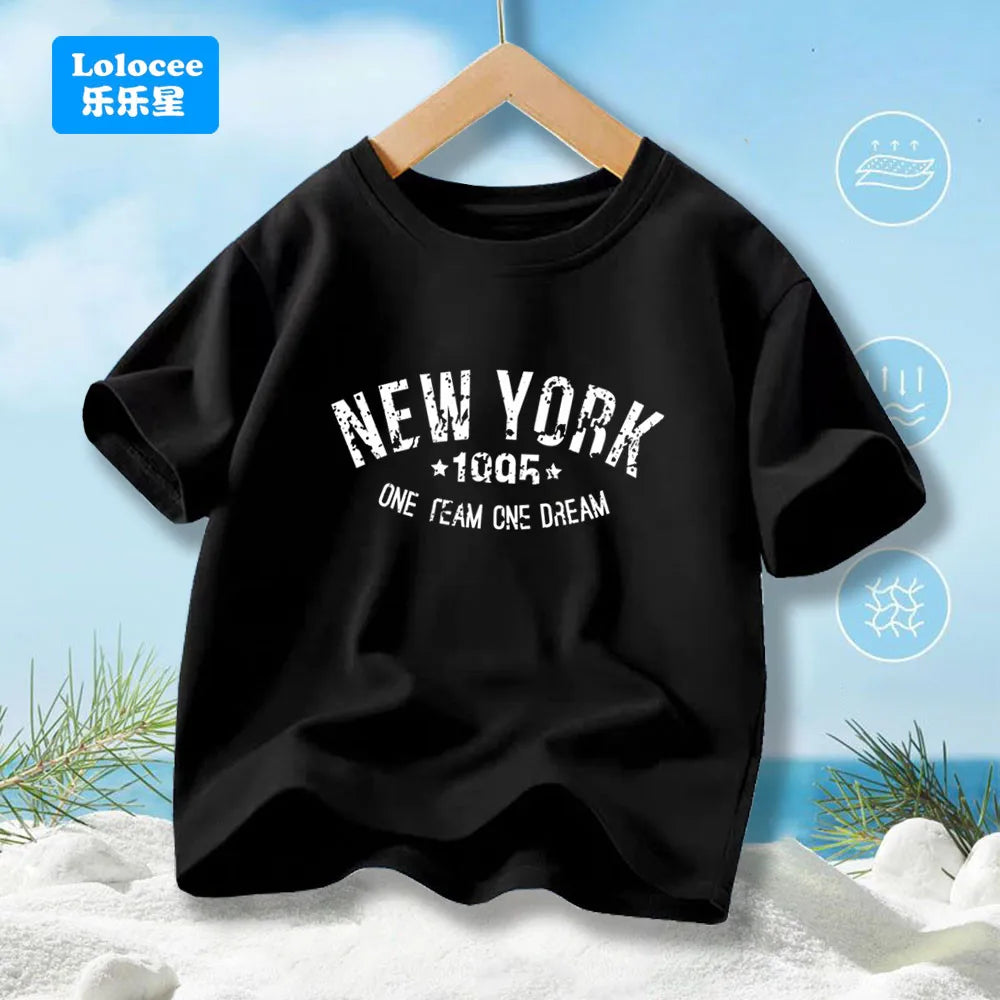 Teens Boys Summer Cotton Fashionable Casual T-shirt Kids New York Letter Printed Round Neck Short Sleeve T-shirt Top ZNYB1