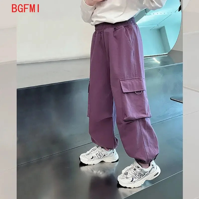 Girls Purple Casual Pants Big Children's Clothing Korean Black Cargo Long Pants Girls 2026 Spring Fashion New Cotton Trousers