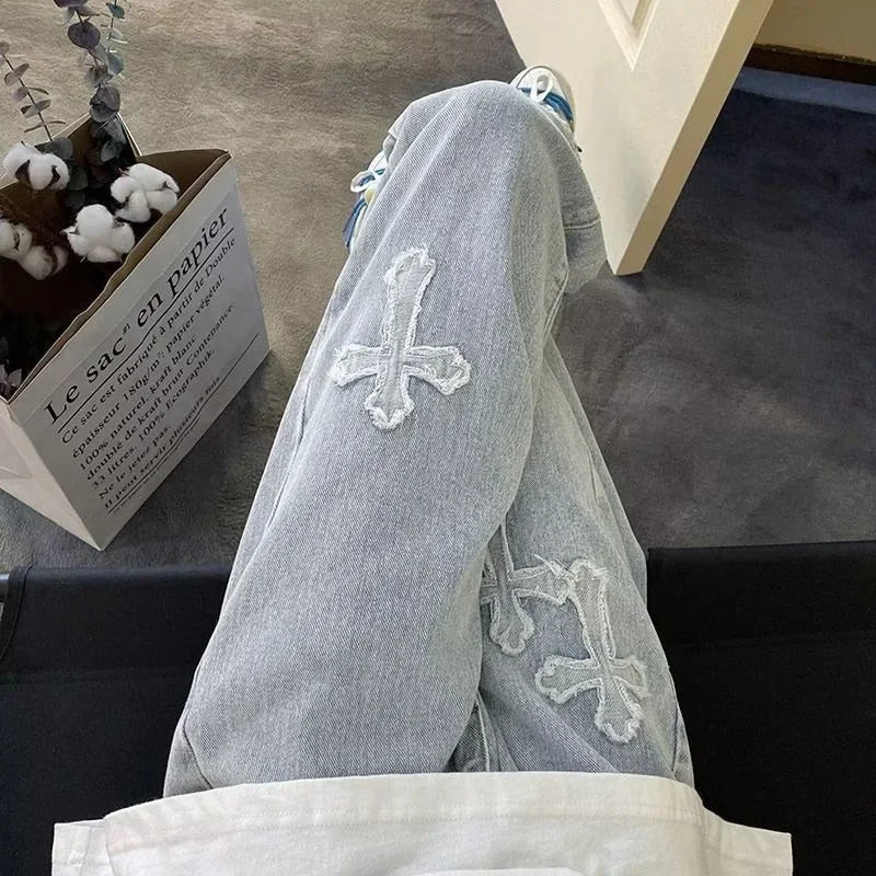 Men Straight Leg Denim Jeans Male New Fashion Casual Loose High Street Y2k Pants New Wide Leg Hip Hop Black Blue Pants