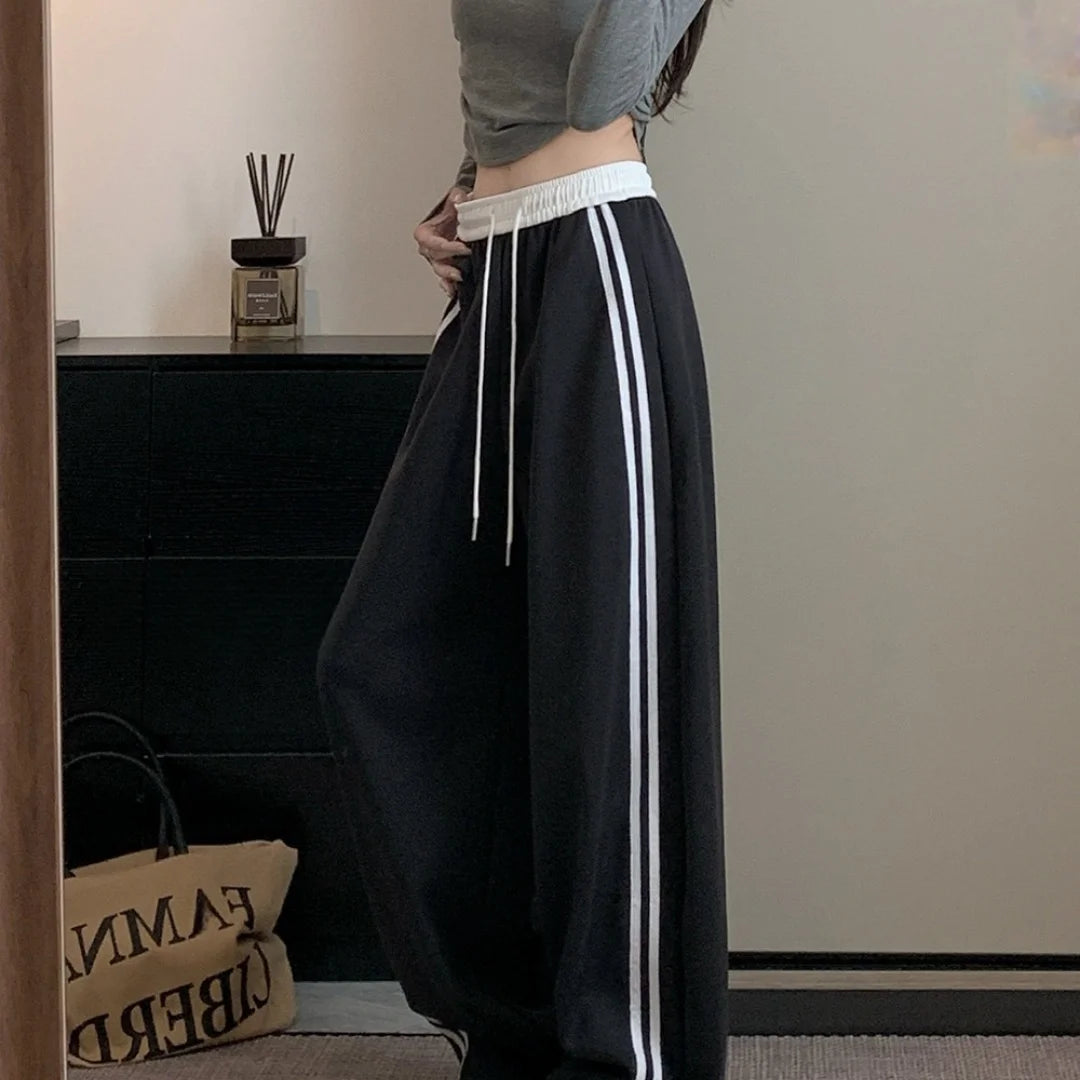 Girls Sweatpants Elastic Waist Drawstring Side Double Striped High Waist Loose Fit Wide Leg Straight Cut Casual Pants Streetwear