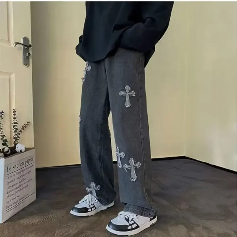 Men Straight Leg Denim Jeans Male New Fashion Casual Loose High Street Y2k Pants New Wide Leg Hip Hop Black Blue Pants