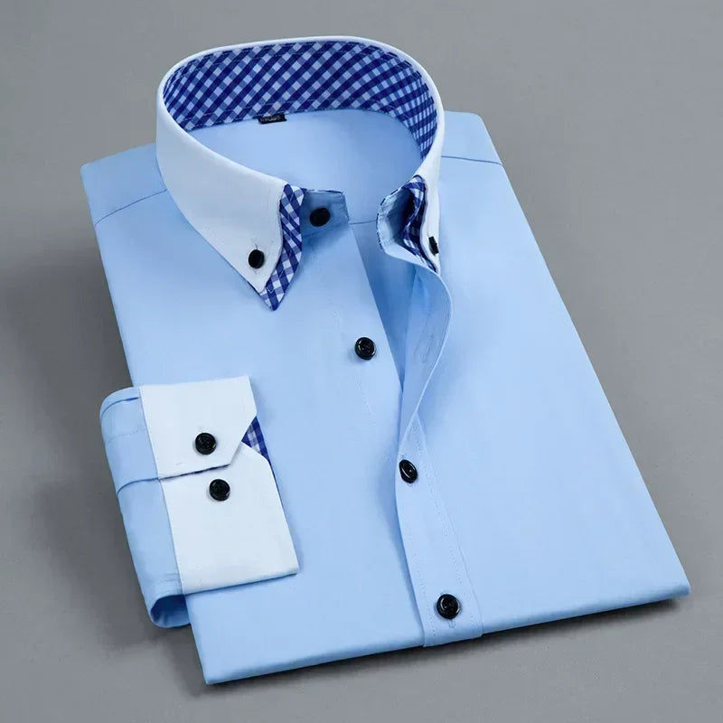 2026 Men's Dress Shirt Non Iron Fashion Double layer Long Sleeve Business Formal Regular Fit Office Camisa Social Shirts Male