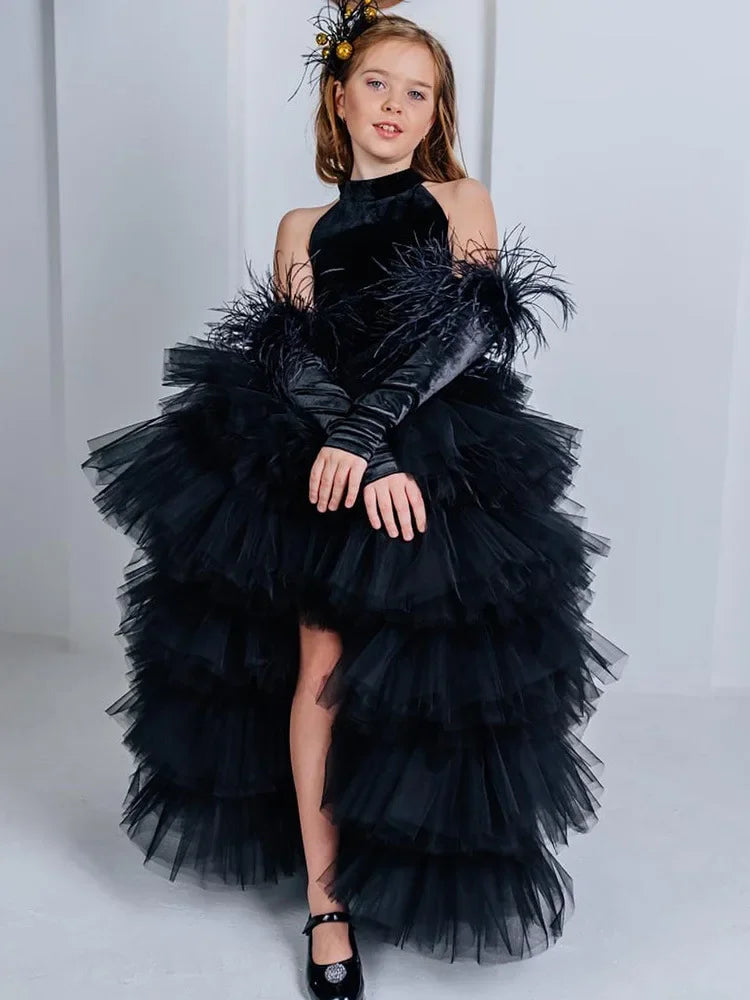 Girls Pageant Dress High Neck Halter Feather Sleeves Tiered Tulle Gown Formal Party Wedding Flower Girl Birthday Costume
