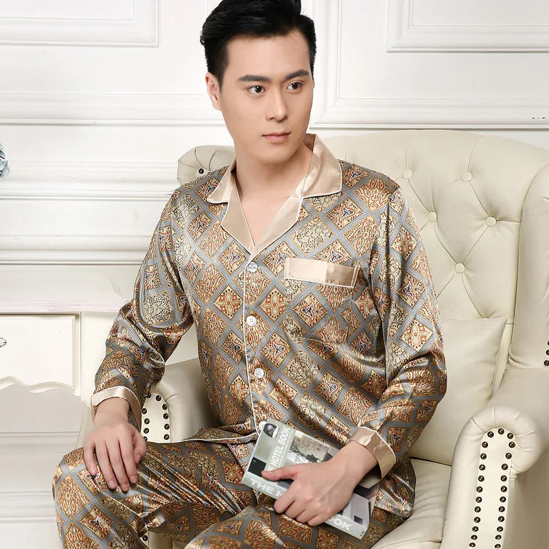Pajamas Men Spring Summer Thin Ice Silk Luxurious Loose Fitting Home Wear Suit Male Satin Pyjamas Set Night Pajamas Set Men