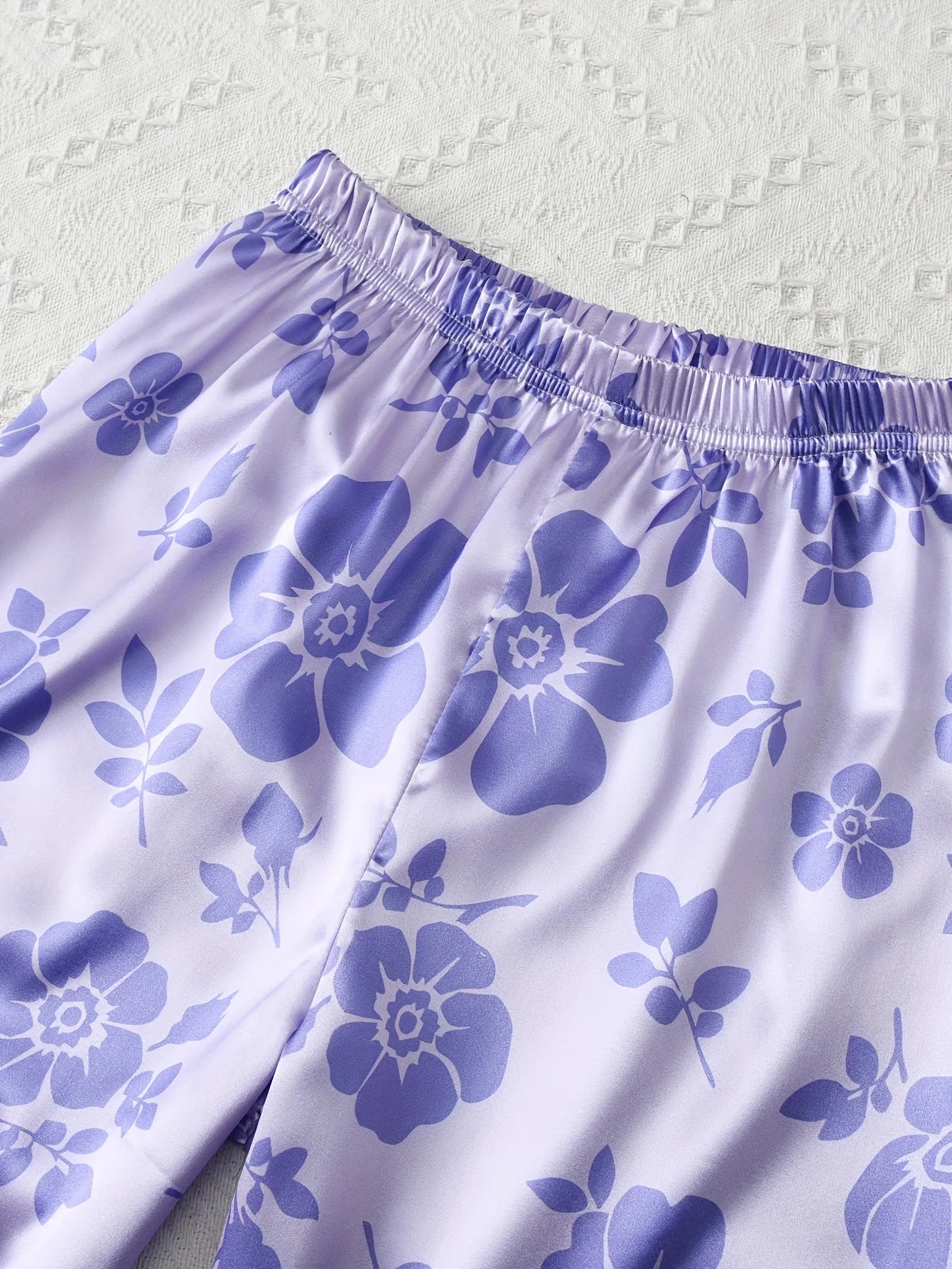 3-Piece Girls Purple Flower Print Satin Pajama Set - Comfortable Loungewear with Button Up Lapel Collar Blouse, Cami Top, Pants