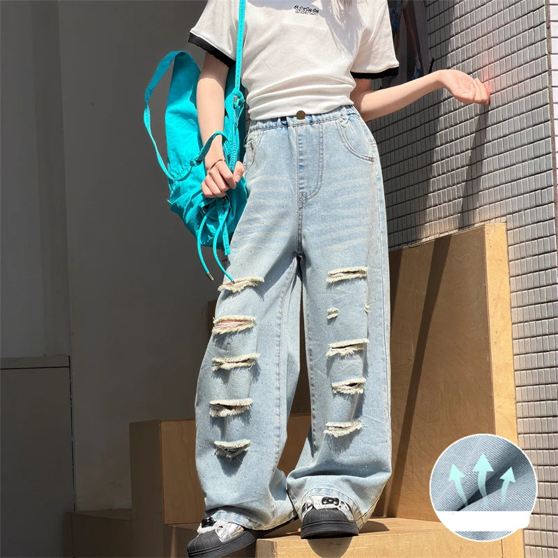 Teenage Girls Cool Denim Pants for Summer Loose Rhinestone Jeans Casual Trousers With Hole Kids Elastic Waist Jeans 5 To 14Years
