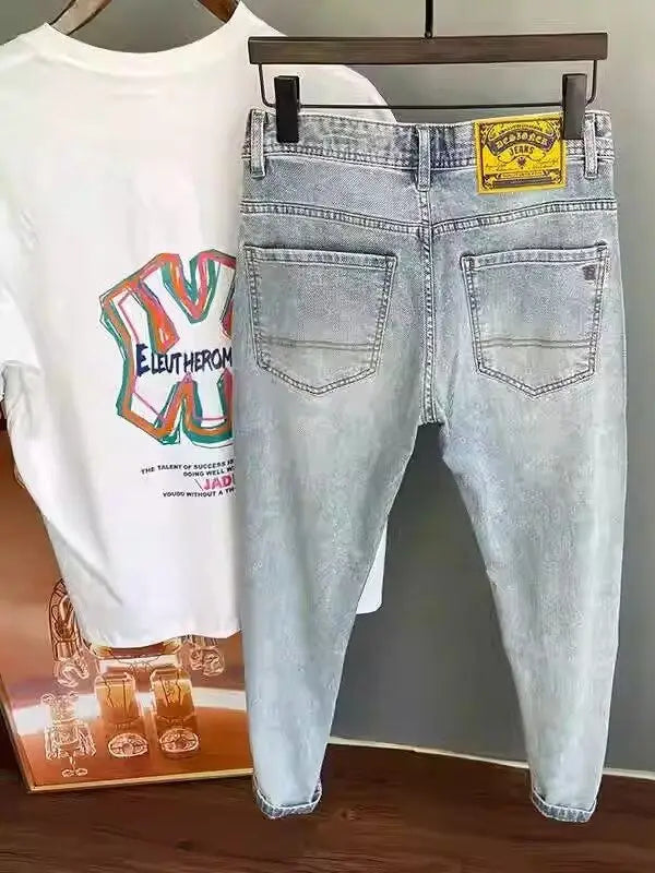 Light Blue Embroidered Jeans Men's Summer Slim Fit Nine-Piece Washed Vintage High-End Casual Pants Breathable Straight Leg Jeans