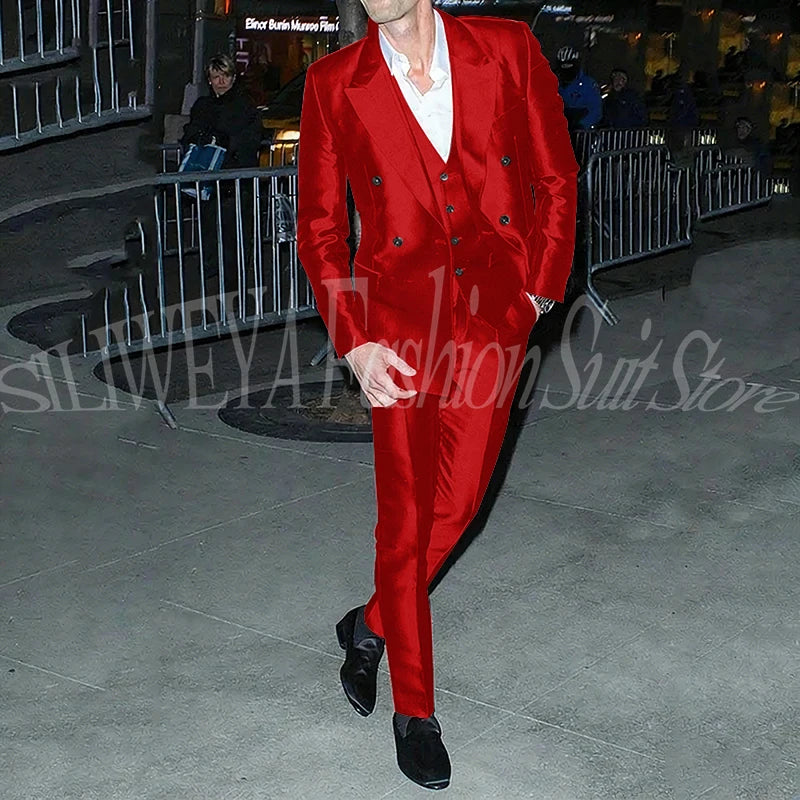 Men's 3 Piece Suit Sets Luxury Red Satin Men Notch Lapel Double-Breasted Suit Blazer+Vest+Pants Customed for Business & Weddings