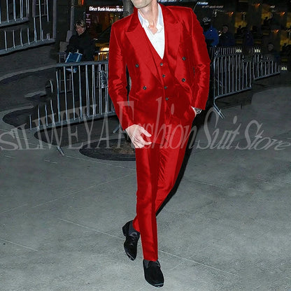 Men's 3 Piece Suit Sets Luxury Red Satin Men Notch Lapel Double-Breasted Suit Blazer+Vest+Pants Customed for Business & Weddings