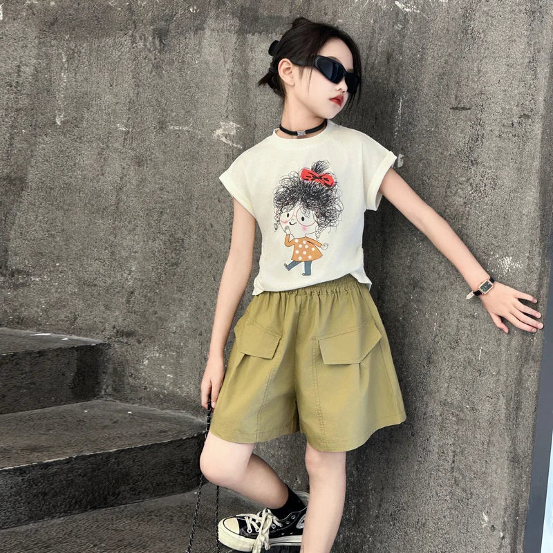 Teen Girls Summer Clothing Set Cartoon T Shirt Cargo Shorts 2PCS Suit Kids Child Fashion Streetwear Outfits 5 6 8 10 12 13 14 Y